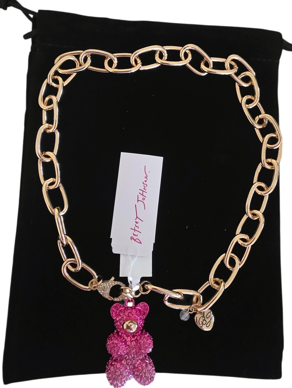 NEW Betsey Johnson Pink Crystal Teddy Bear Gold Chain Necklace Sparkly Pave NWT